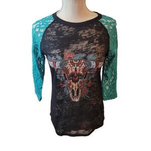 Southern Grace Black Cow Skull Teal Lace Burnout Tee Size Small New With Tags